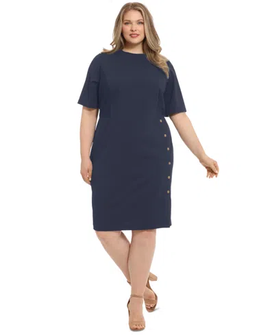 London Times Plus Size Button-trim Sheath Dress In Navy