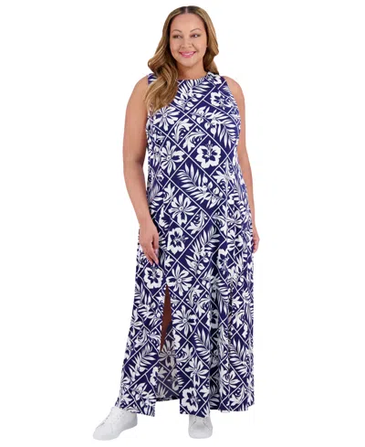 London Times Plus Size Carwash Sleeveless Maxi Dress In Blue