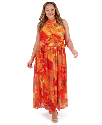 London Times Halter Neck Sleeveless Chiffon Maxi Dress In Orange