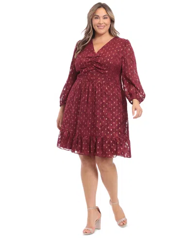 London Times Plus Size Clip-dot Fit & Flare Dress In Fig,gold