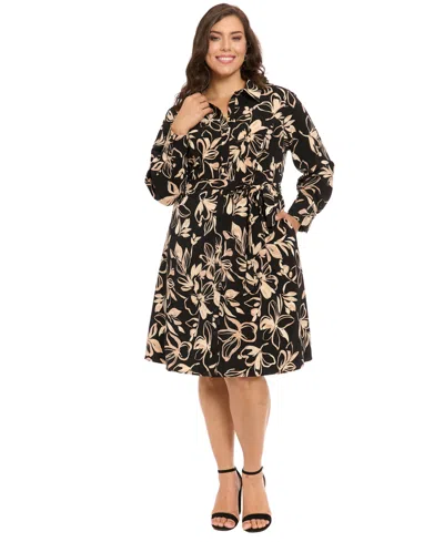 London Times Plus Size Collared Long-sleeve Shirtdress In Multi