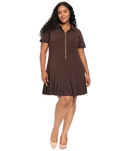 London Times Plus Size Collared Short-sleeve Pleated Dress In Brown