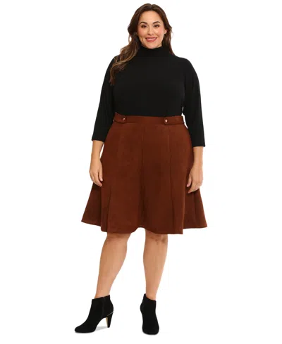 London Times Plus Size Combo Faux-suede Mock-neck Dress In Brown