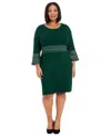 London Times Piped Bell Sleeve Sweater Dress In Green