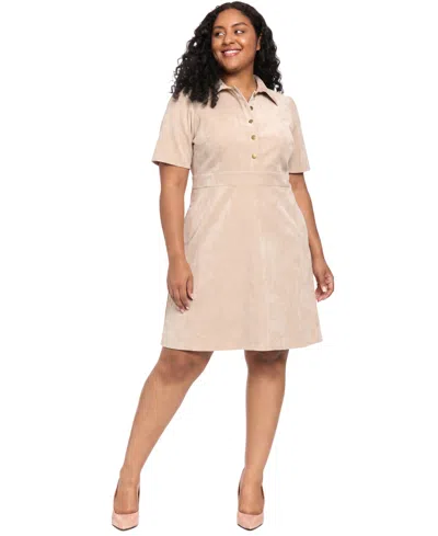 London Times Plus Size Corduroy A-line Mini Dress In Tan