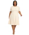 London Times Plus Size Crewneck Button-tab Short-sleeve Midi Dress In Sugar Ivory