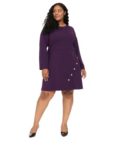 London Times Plus Size Crewneck Long-sleeve Button-trim Sheath Dress In Purple
