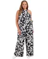 London Times Plus Size Crisscross Halter Belted Jumpsuit