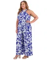 London Times Plus Size Crisscross Halter Belted Jumpsuit In Blue