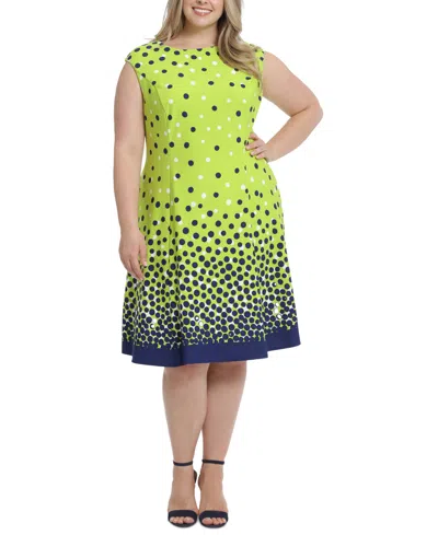 London Times Plus Size Dot-print Fit & Flare Dress In Navy,green