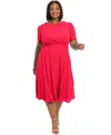 London Times Plus Size Eyelet Jersey Short-sleeve Midi Dress In Rose Red