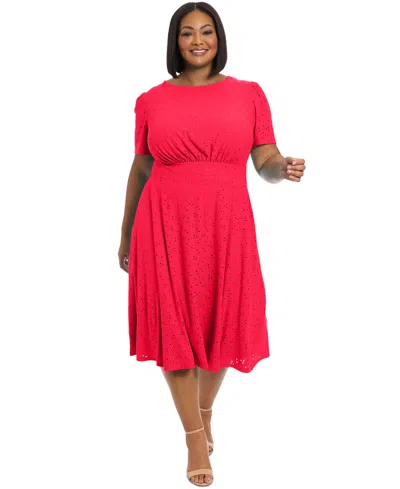 London Times Plus Size Eyelet Jersey Short-sleeve Midi Dress In Rose Red