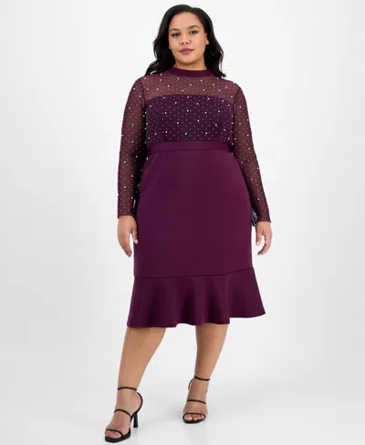 London Times Plus Size Faux-pearl Ruffled-hem Dress In Purple