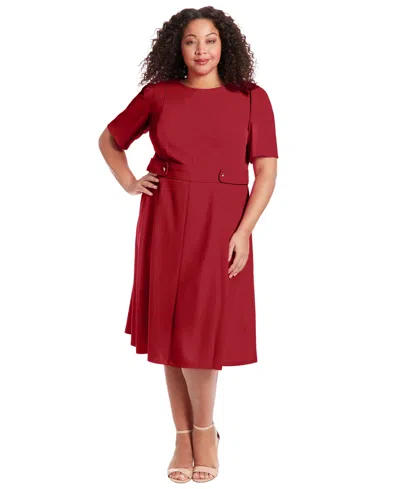 London Times Plus Size Fit & Flare Scuba Crepe Midi Dress In Burgundy