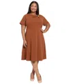London Times Plus Size Fit And Flare Short Sleeve Dress In Brown