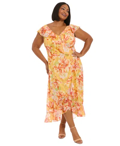 London Times Plus Size Floral Chiffon Ruffle-neck Maxi Dress In Yellow Pink