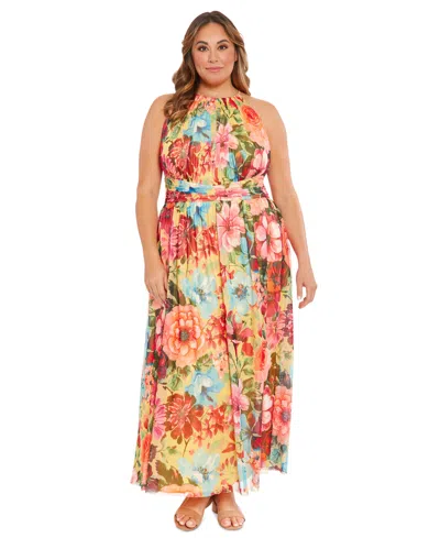 London Times Plus Size Floral Halter Maxi Dress In Yellow Multi