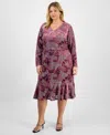 London Times Plus Size Floral Long-sleeve Flounce-hem Midi Dress In Pink