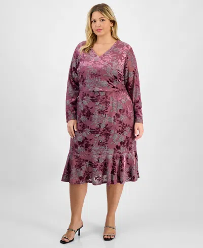 London Times Plus Size Floral Long-sleeve Flounce-hem Midi Dress In Pink