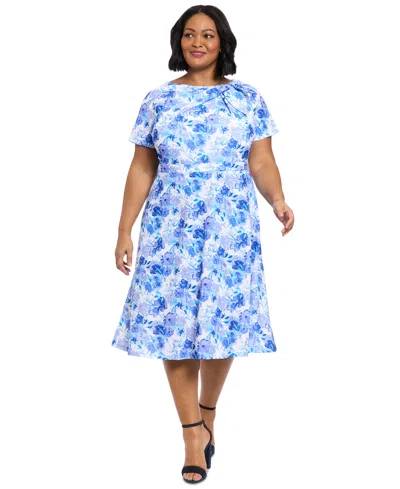 London Times Plus Size Floral-print Bow Fit & Flare Dress In Black
