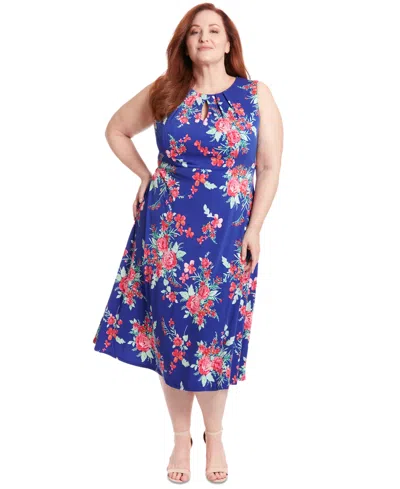 London Times Plus Size Floral-print Keyhole Sleeveless A-line Dress In Navy Pink
