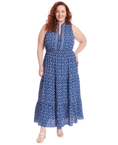 London Times Plus Size Floral-print Ruffle-collar Maxi Dress In Blue Ivory