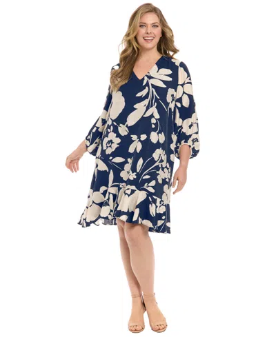 London Times Plus Size Floral-print Ruffled-hem Shift Dress In Blue