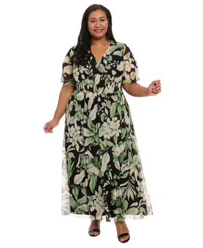 London Times Plus Size Floral-print Smocked Maxi Dress In Black Green