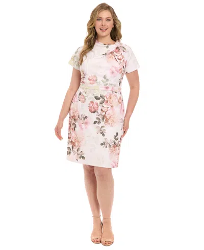 London Times Plus Size Floral-print Tie-neck Sheath Dress In Multi