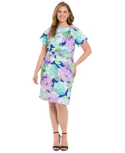 London Times Plus Size Floral-print Tie-neck Sheath Dress In Navy-peri