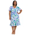 London Times Plus Size Floral-print Twist-front Midi Dress In Lavender Blue