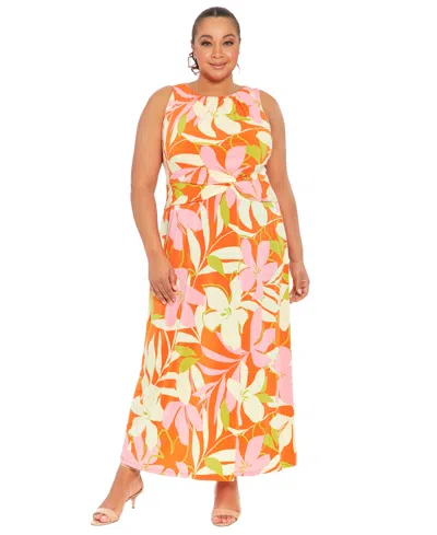 London Times Plus Size Floral-print Twisted-waist Maxi Dress In Orange Pink