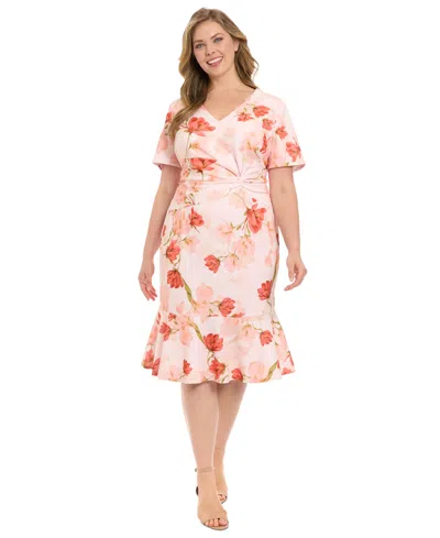 London Times Plus Size Floral Side-knot Ruffle-hem Dress In Ivory Peach
