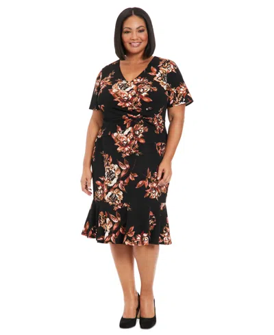 London Times Plus Size Floral Side-knot V-neck Dress In Black Multi