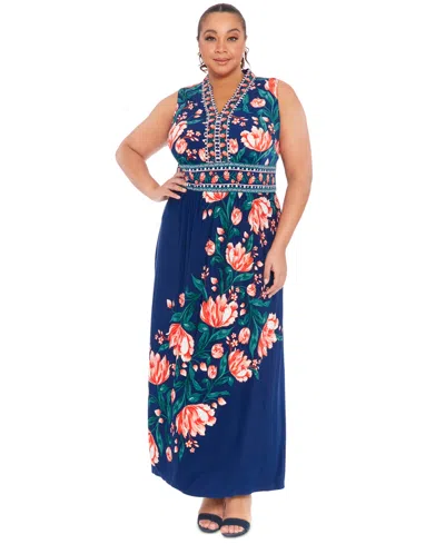 London Times Plus Size Floral Sleeveless Maxi Dress In Navy Coral