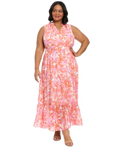 London Times Plus Size Floral V-neck Tiered Maxi Dress