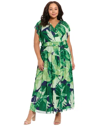 London Times Plus Size Flutter-sleeve Surplice Neck Tiered Maxi Dress In Green