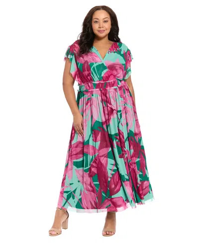 London Times Plus Size Flutter-sleeve Surplice V-neck Mesh Maxi Dress In Multi