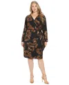 London Times Plus Size Foil-flower Faux-wrap Sheath Dress In Black Gold