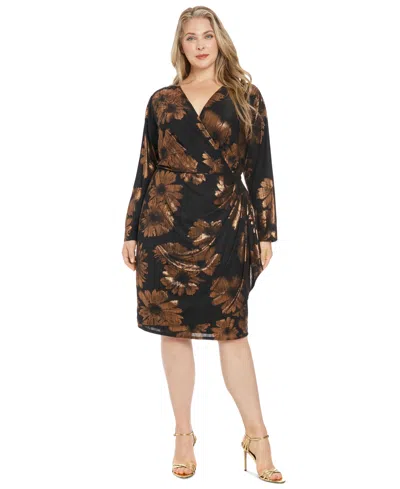 London Times Plus Size Foil-flower Faux-wrap Sheath Dress In Black Gold