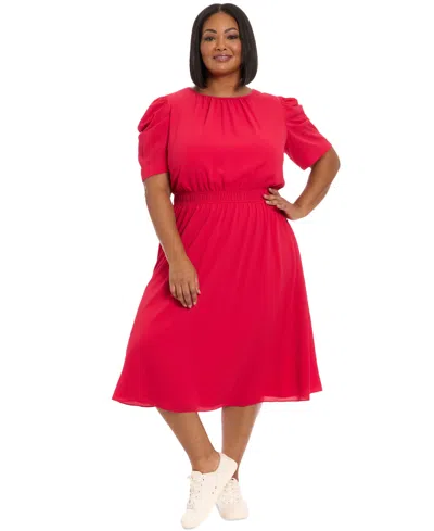 London Times Plus Size Gathered-sleeve Smocked-waist Dress In Rose Red