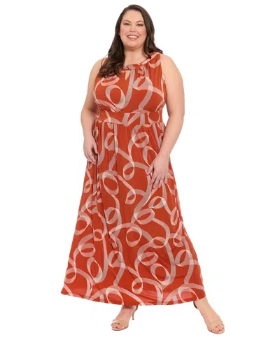 London Times Plus Size Halter Keyhole Printed Maxi Dress