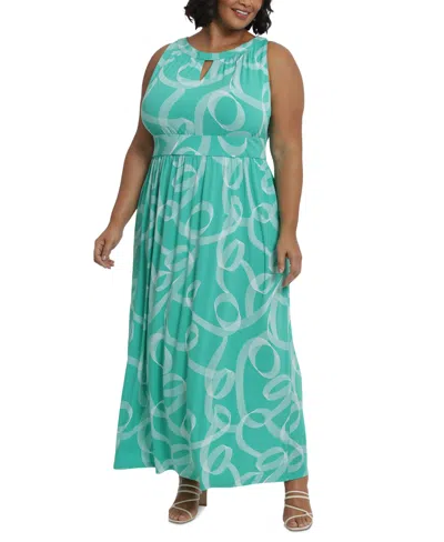 London Times Plus Size Halter Keyhole Printed Maxi Dress In Green,white