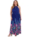 London Times Plus Size Halter Placement-print Maxi Dress