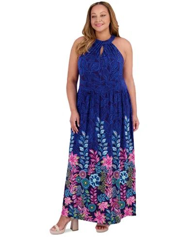 London Times Plus Size Halter Placement-print Maxi Dress