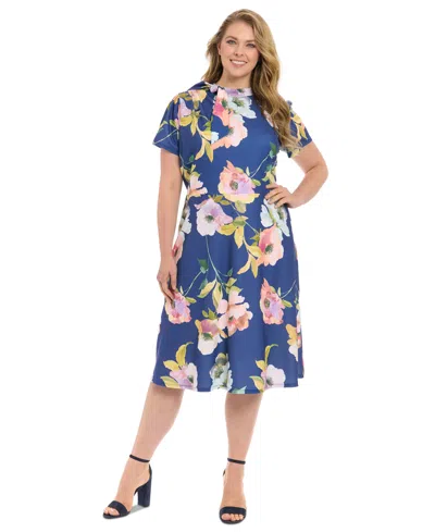 London Times Plus Size High-bow-neck Fit & Flare Dress In Navy Blue
