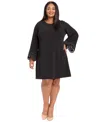 London Times Plus Size Lasercut Long Sleeve Swing Dress In Black