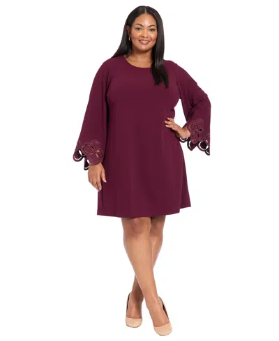 London Times Plus Size Lasercut Long Sleeve Swing Dress In Brown