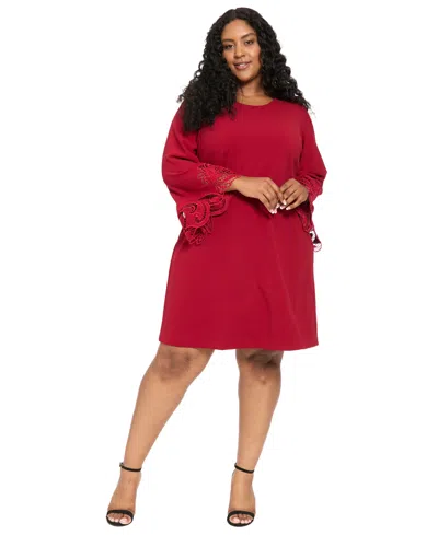 London Times Plus Size Lasercut Scuba Crepe 3/4-sleeve Shift Dress In Multi