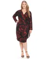 London Times Plus Size Long Sleeve Knot Waist Dress In Multi